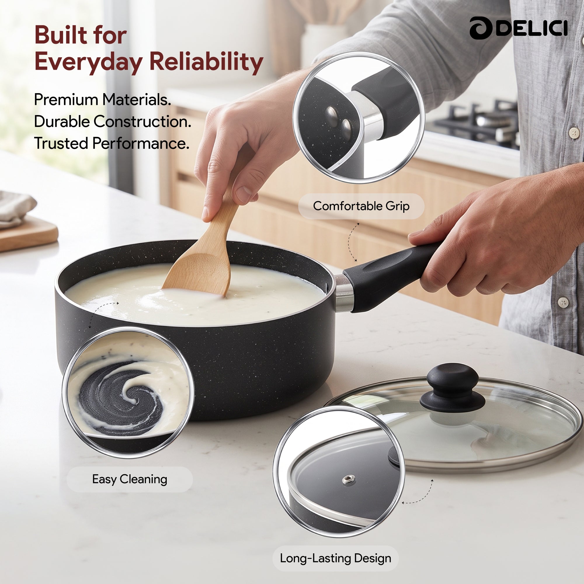 Delici Granite Gray Nonstick Milk Pan 18 cm – AMP18GE | PFOA-Free, Glass Lid