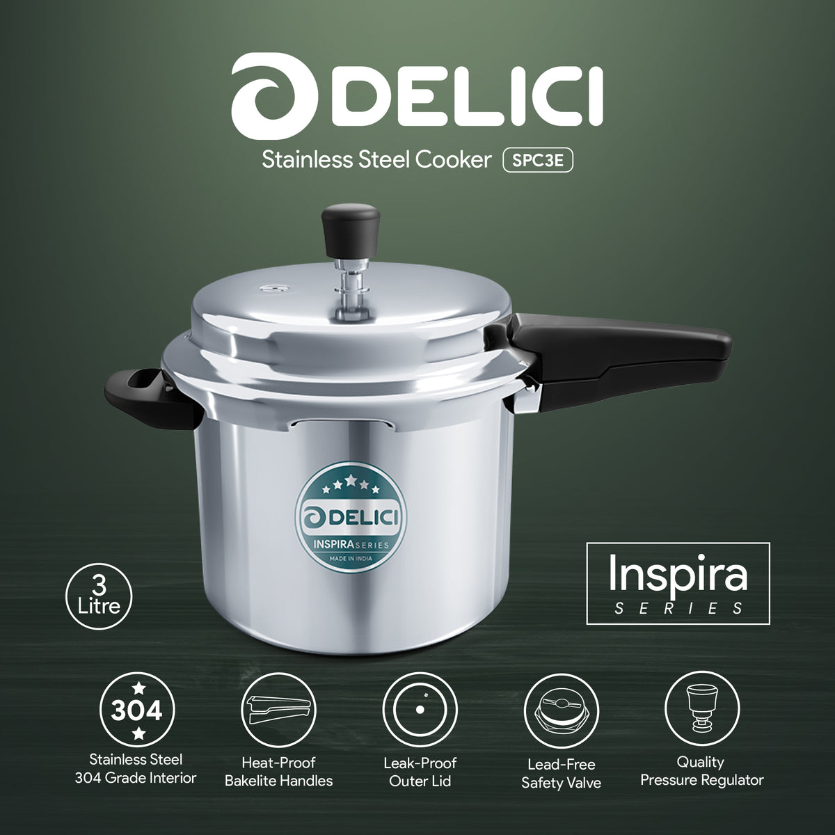 Delici Stainless Steel Pressure Cooker 3 Litre – SPC3E | Induction Compatible