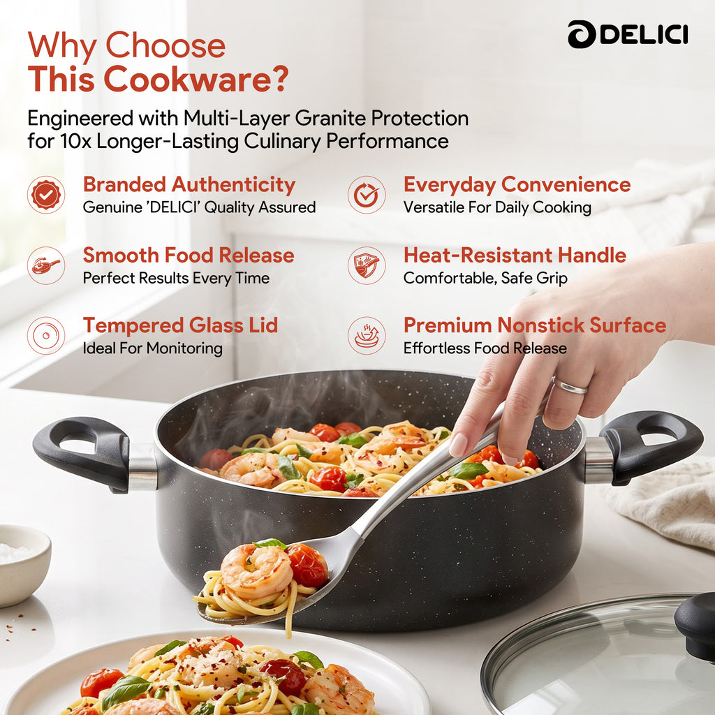 Delici Granite Gray Nonstick Sauce Pan 22 cm – ASP22GE | PFOA-Free, Glass Lid