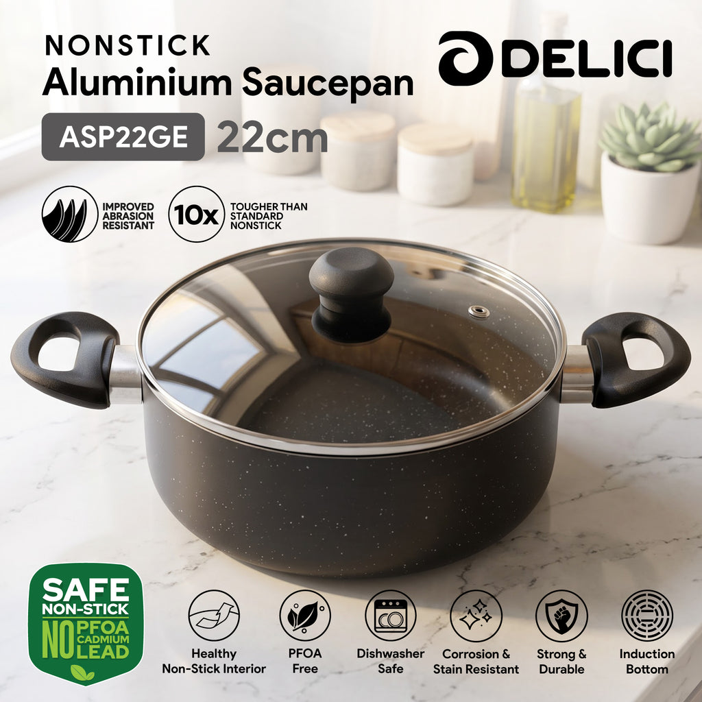 Delici Granite Gray Nonstick Sauce Pan 22 cm – ASP22GE | PFOA-Free, Glass Lid