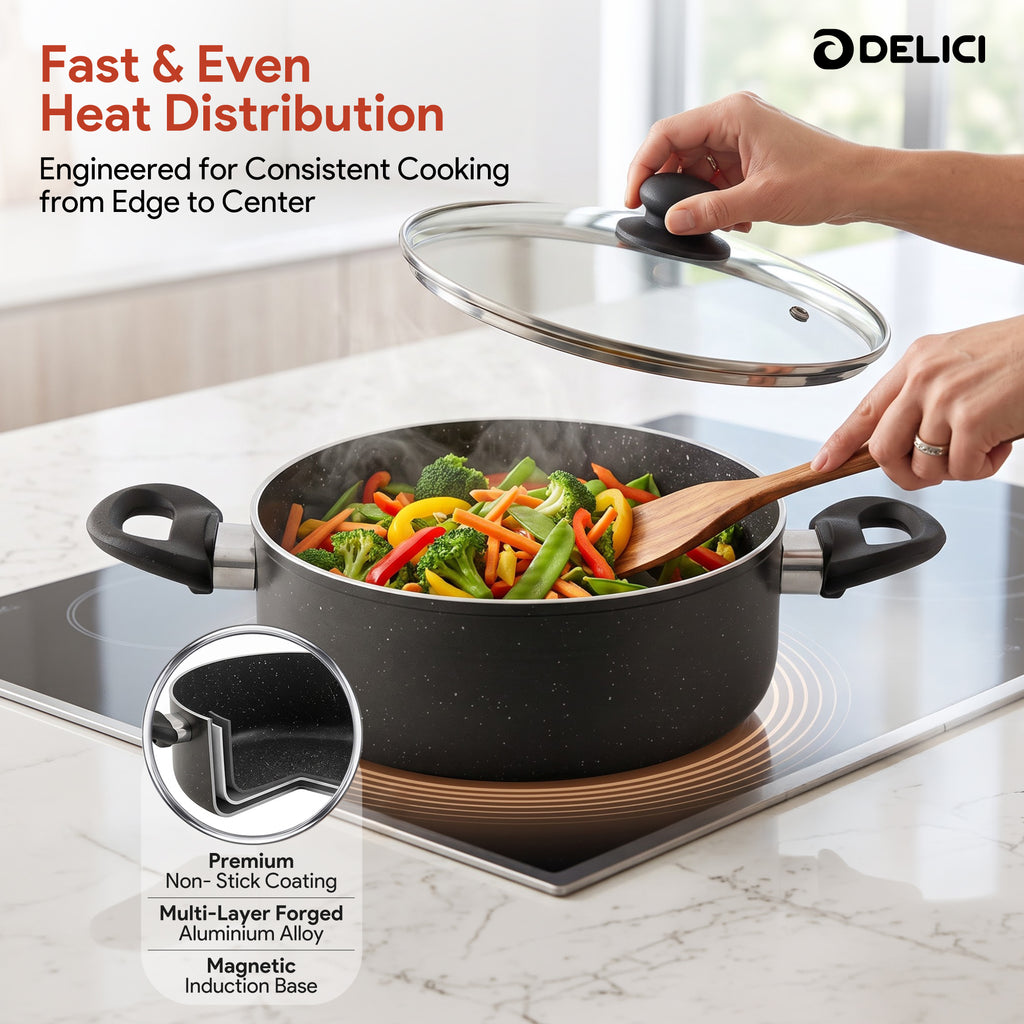 Delici Granite Gray Nonstick Sauce Pan 22 cm – ASP22GE | PFOA-Free, Glass Lid
