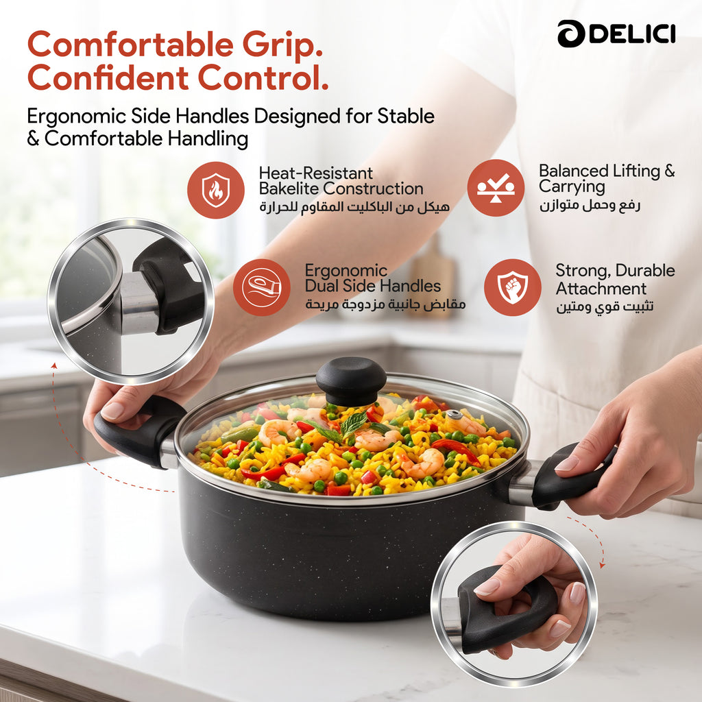 Delici Granite Gray Nonstick Sauce Pan 22 cm – ASP22GE | PFOA-Free, Glass Lid