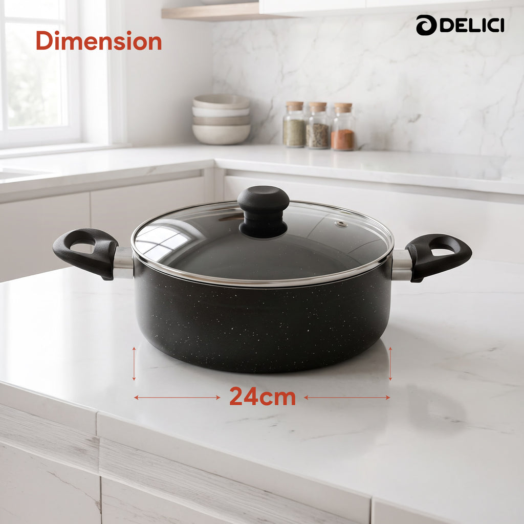 Delici Granite Gray Nonstick Sauce Pan 24 cm – ASP24GE | PFOA-Free, Glass Lid