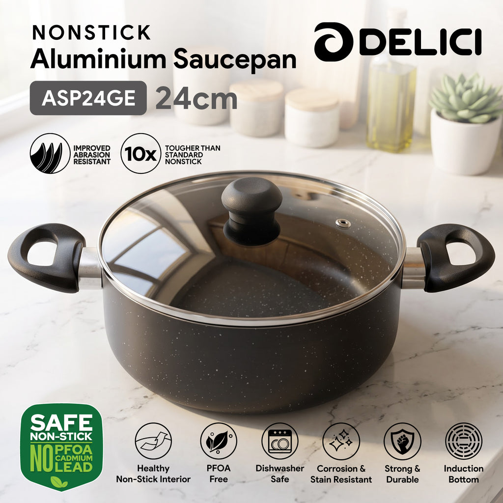 Delici Granite Gray Nonstick Sauce Pan 24 cm – ASP24GE | PFOA-Free, Glass Lid