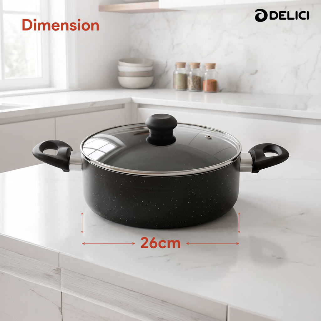 Delici Granite Gray Nonstick Sauce Pan 26 cm – ASP26GE | PFOA-Free, Glass Lid