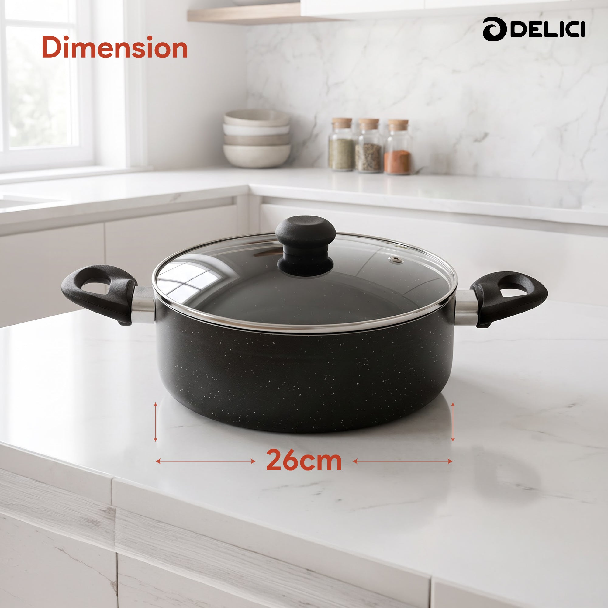 Delici Granite Gray Nonstick Sauce Pan 26 cm – ASP26GE | PFOA-Free, Glass Lid