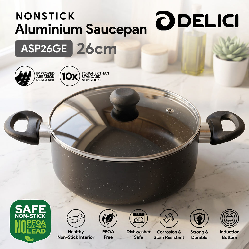 Delici Granite Gray Nonstick Sauce Pan 26 cm – ASP26GE | PFOA-Free, Glass Lid