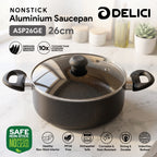 Delici Granite Gray Nonstick Sauce Pan 26 cm – ASP26GE | PFOA-Free, Glass Lid