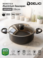 Delici Granite Gray Nonstick Sauce Pan 28 cm – ASP28GE | PFOA-Free, Glass Lid