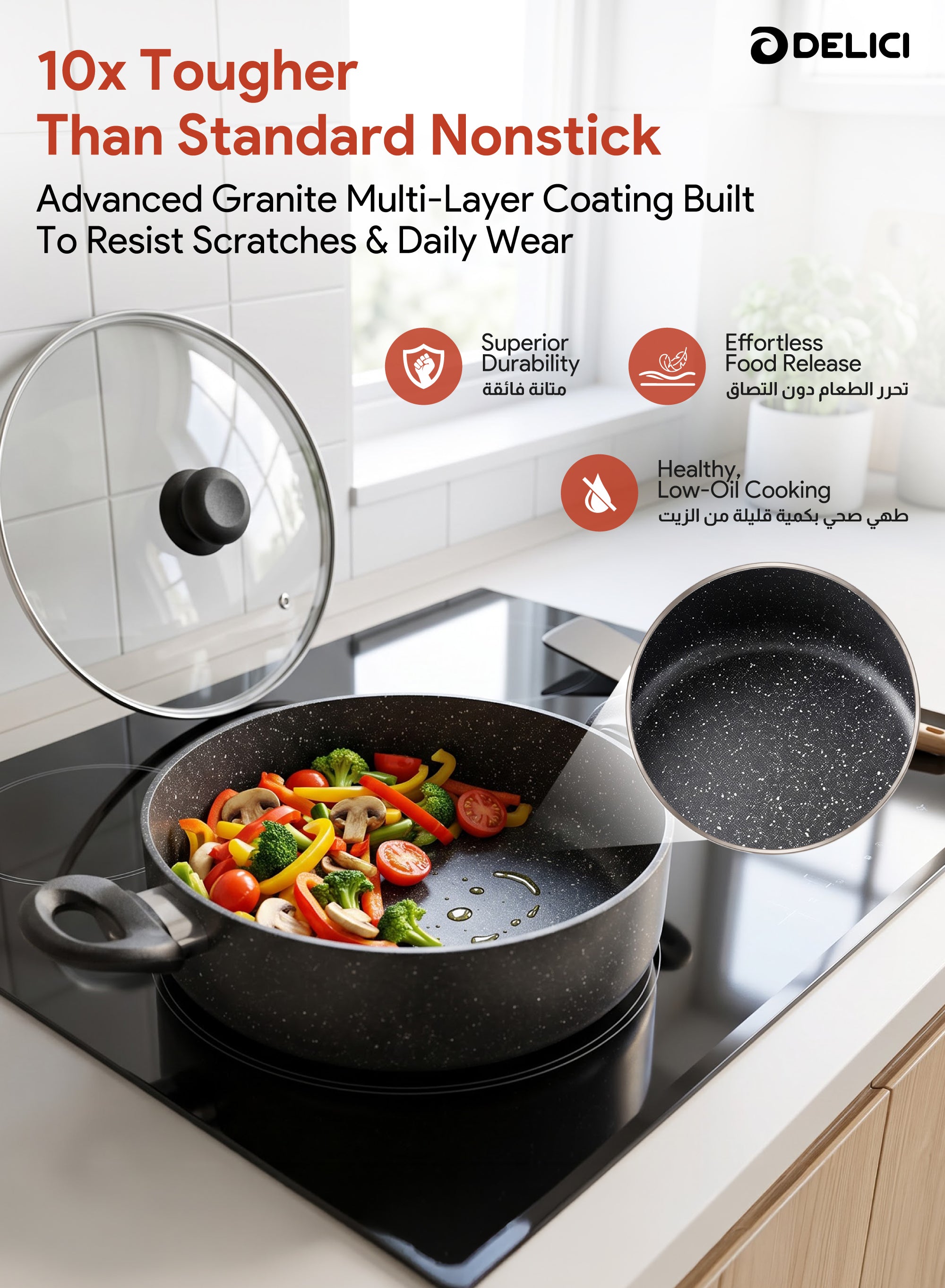 Delici Granite Gray Nonstick Sauce Pan 28 cm – ASP28GE | PFOA-Free, Glass Lid