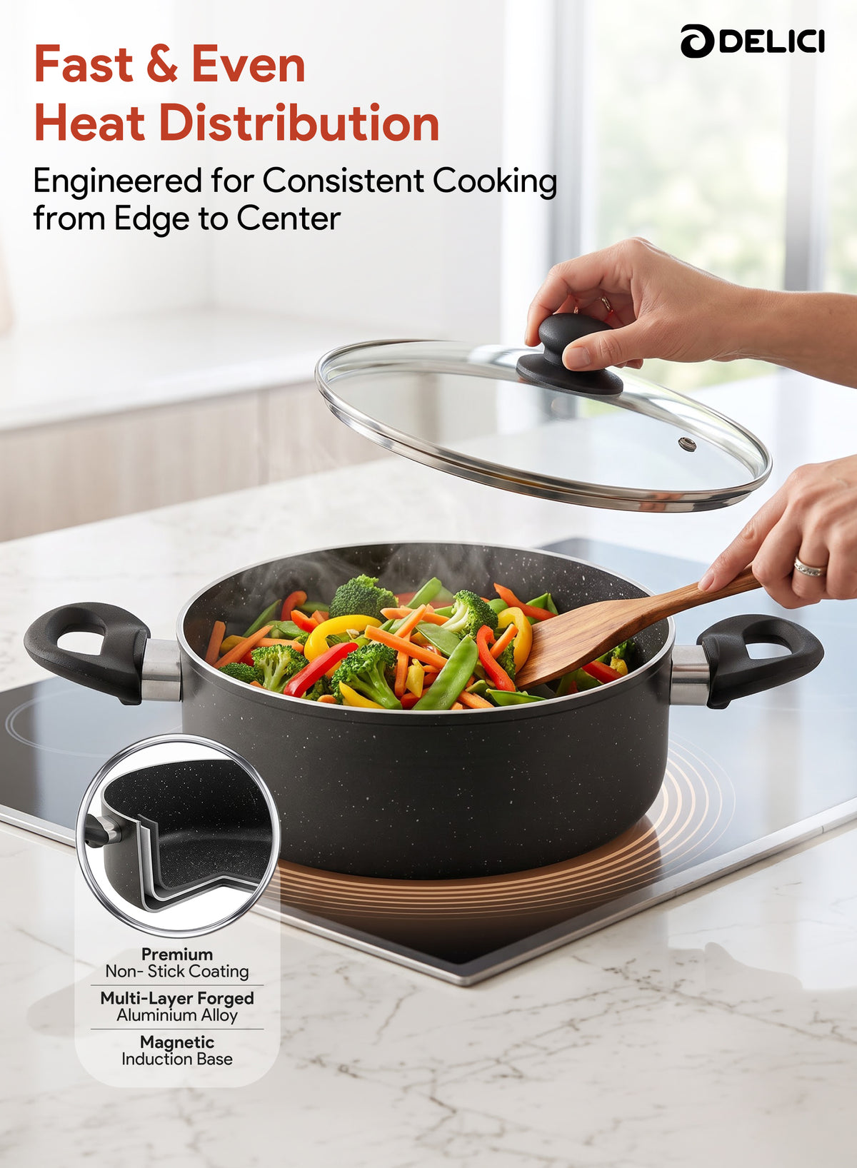 Delici Granite Gray Nonstick Sauce Pan 28 cm – ASP28GE | PFOA-Free, Glass Lid