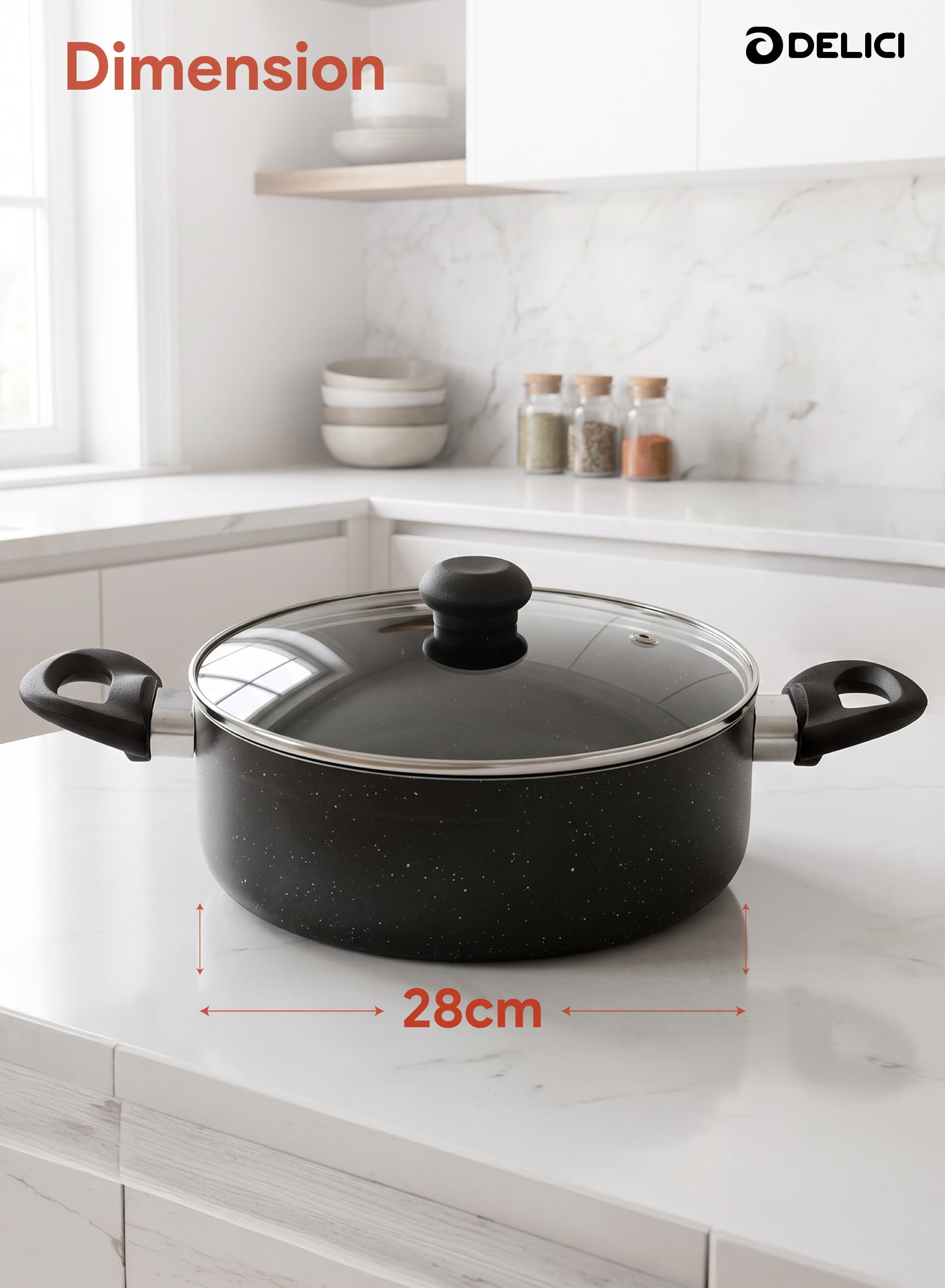 Delici Granite Gray Nonstick Sauce Pan 28 cm – ASP28GE | PFOA-Free, Glass Lid