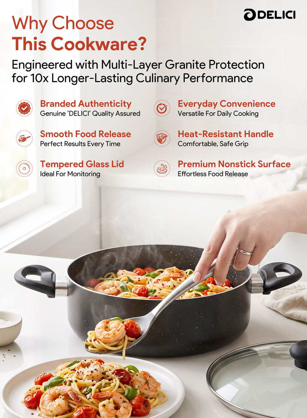 Delici Granite Gray Nonstick Sauce Pan 28 cm – ASP28GE | PFOA-Free, Glass Lid