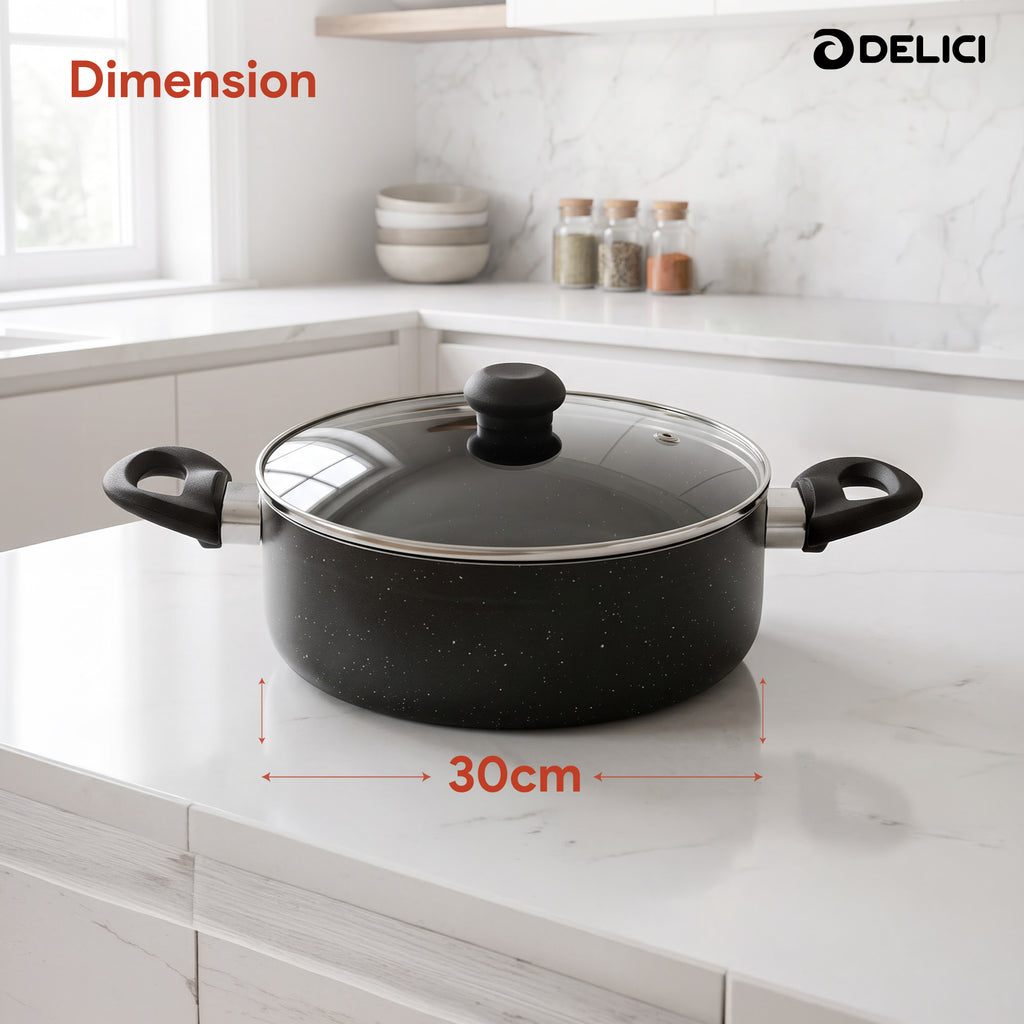 Delici Granite Gray Nonstick Sauce Pan 30 cm – ASP30GE | PFOA-Free, Glass Lid