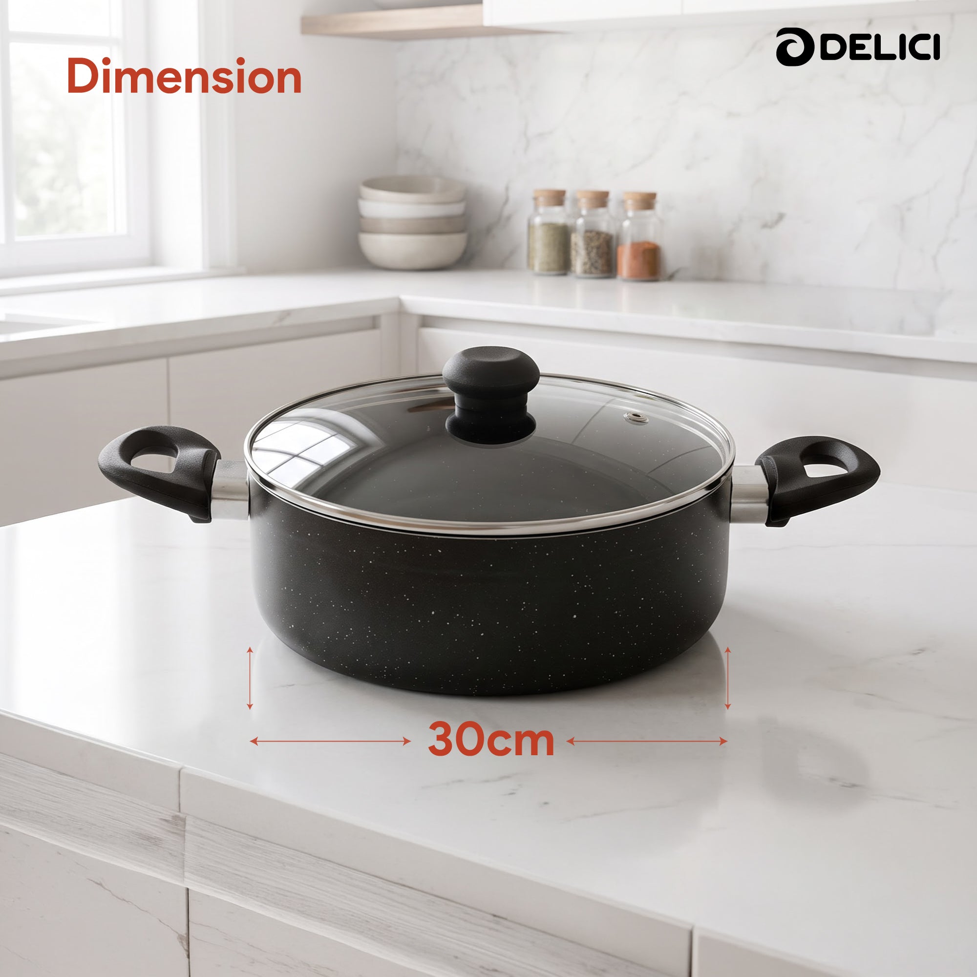 Delici Granite Gray Nonstick Sauce Pan 30 cm – ASP30GE | PFOA-Free, Glass Lid