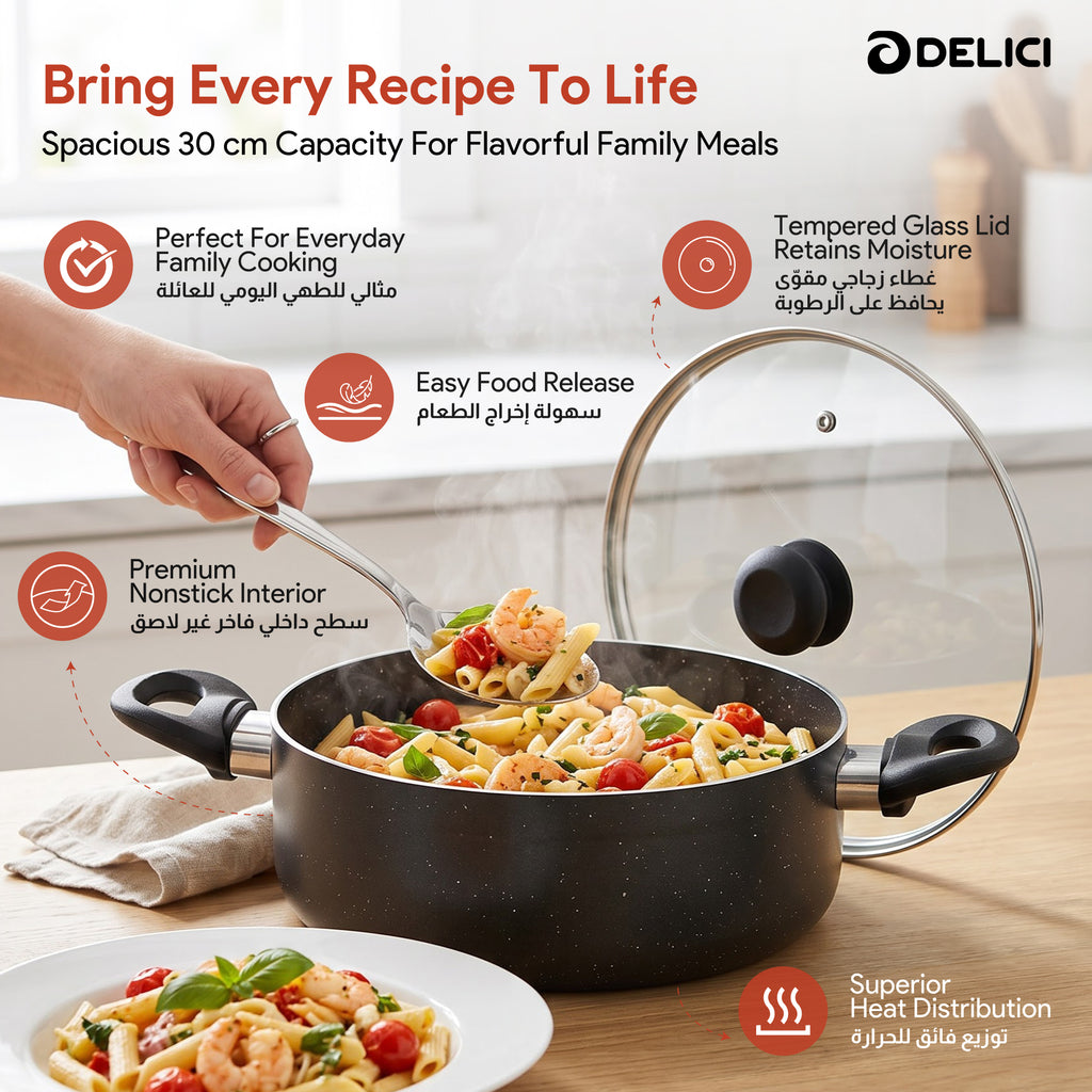 Delici Granite Gray Nonstick Sauce Pan 30 cm – ASP30GE | PFOA-Free, Glass Lid