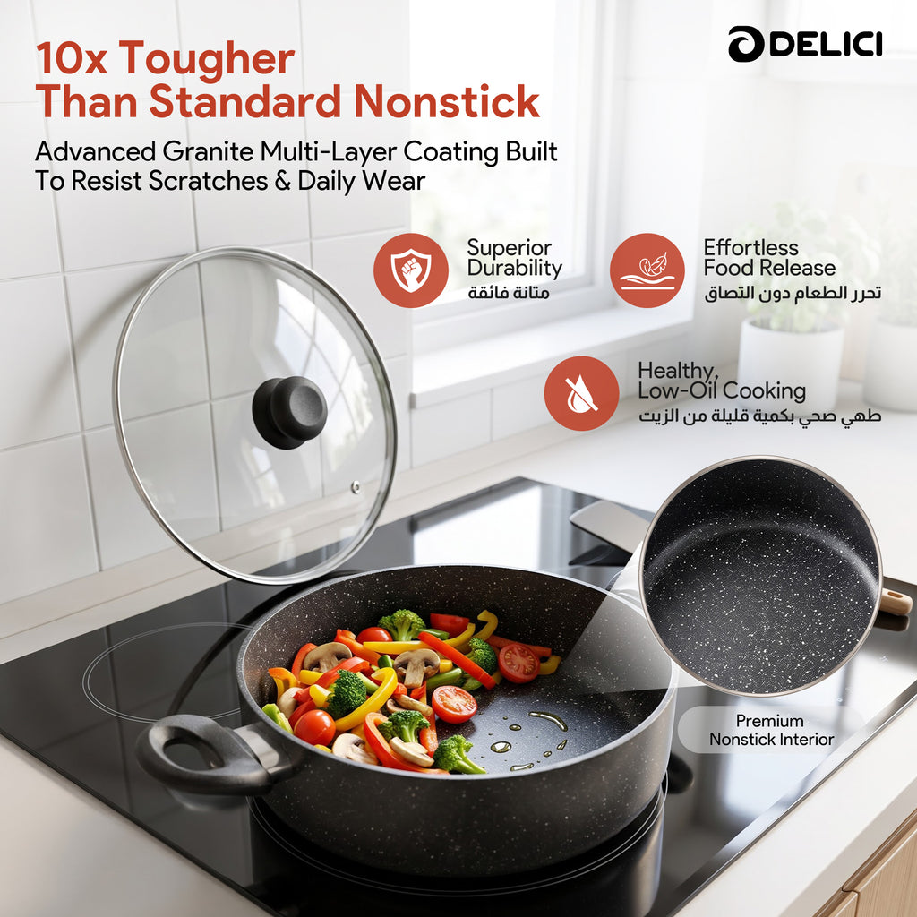 Delici Granite Gray Nonstick Sauce Pan 30 cm – ASP30GE | PFOA-Free, Glass Lid