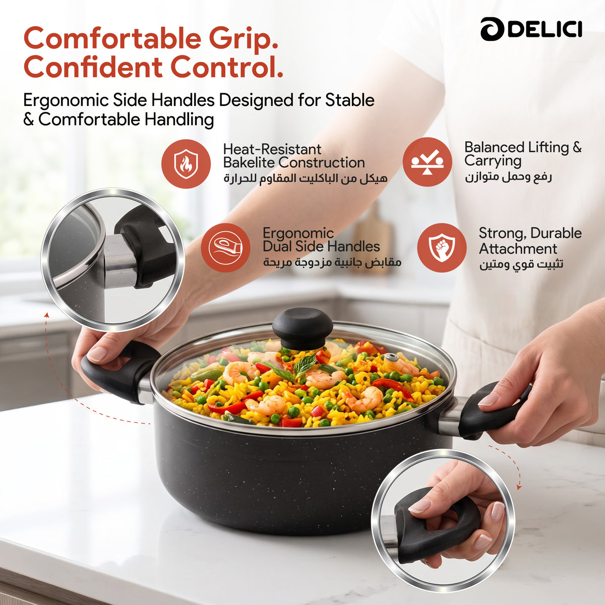 Delici Granite Gray Nonstick Sauce Pan 30 cm – ASP30GE | PFOA-Free, Glass Lid
