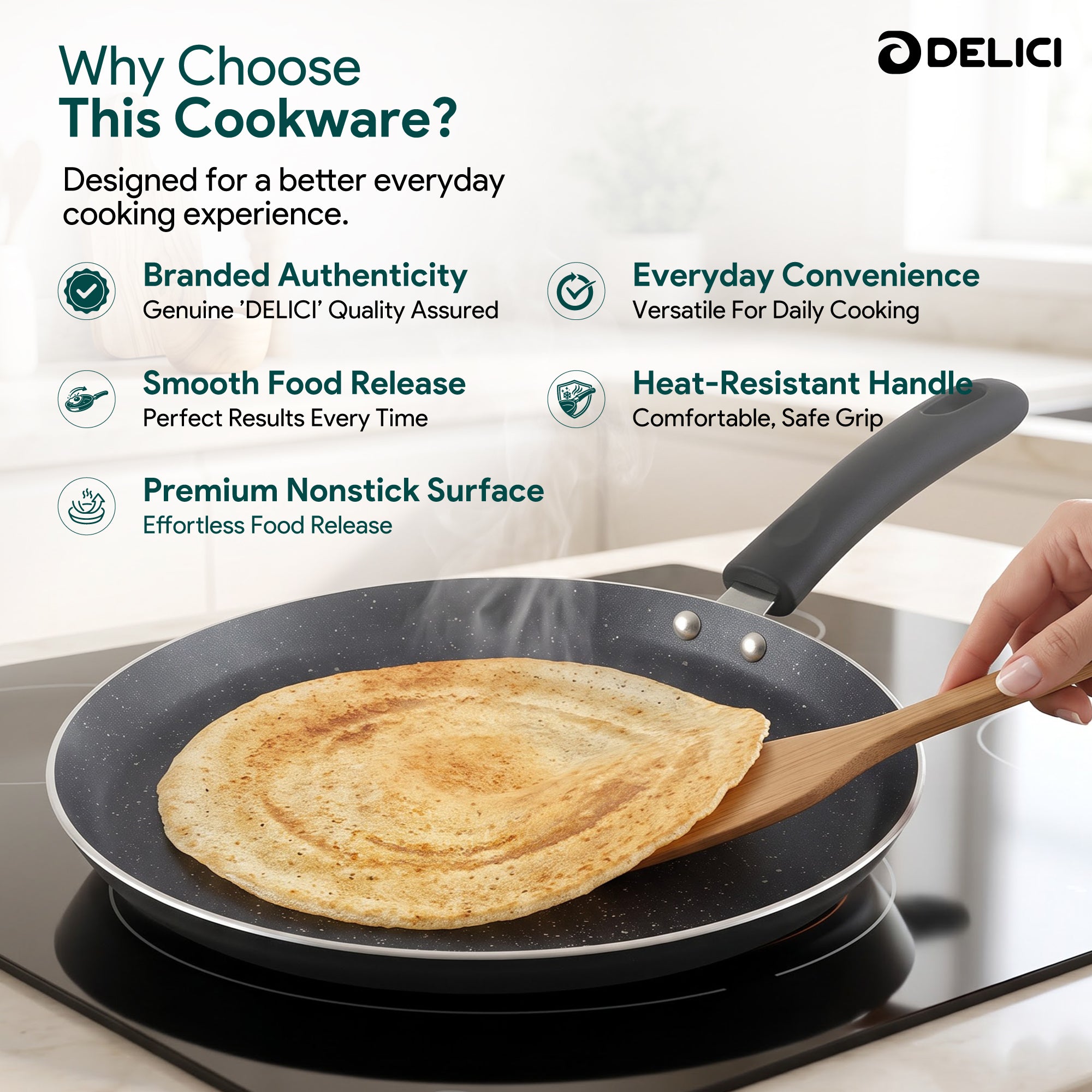 Delici Granite Gray Nonstick Tawa Pan 28 cm – ATP28GE | PFOA-Free, Dishwasher Safe