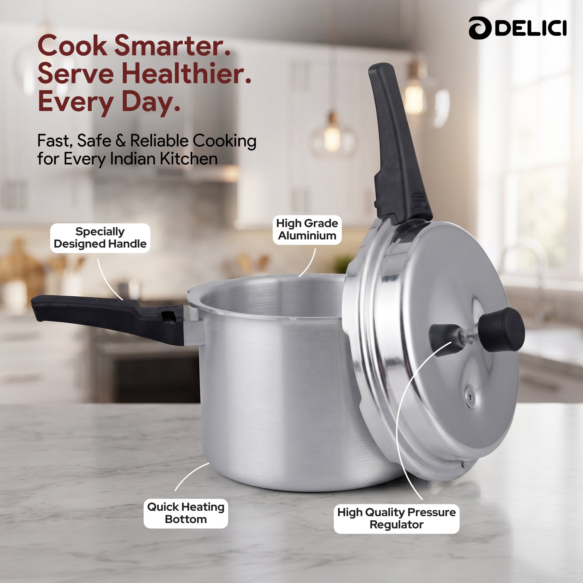 Delici Dripless 5 Litre NIB Aluminium Pressure Cooker – ADPC5E | Induction Compatible