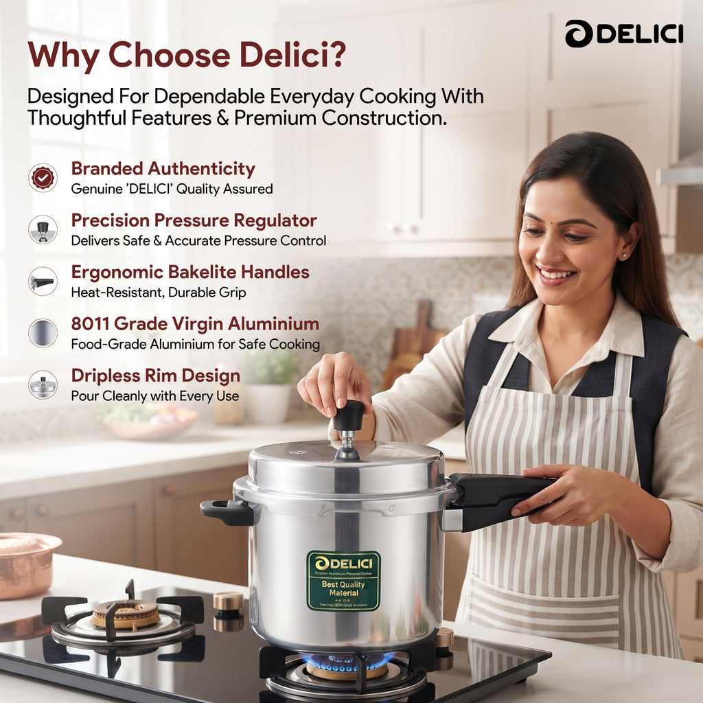 Delici Dripless 5 Litre NIB Aluminium Pressure Cooker – ADPC5E | Induction Compatible