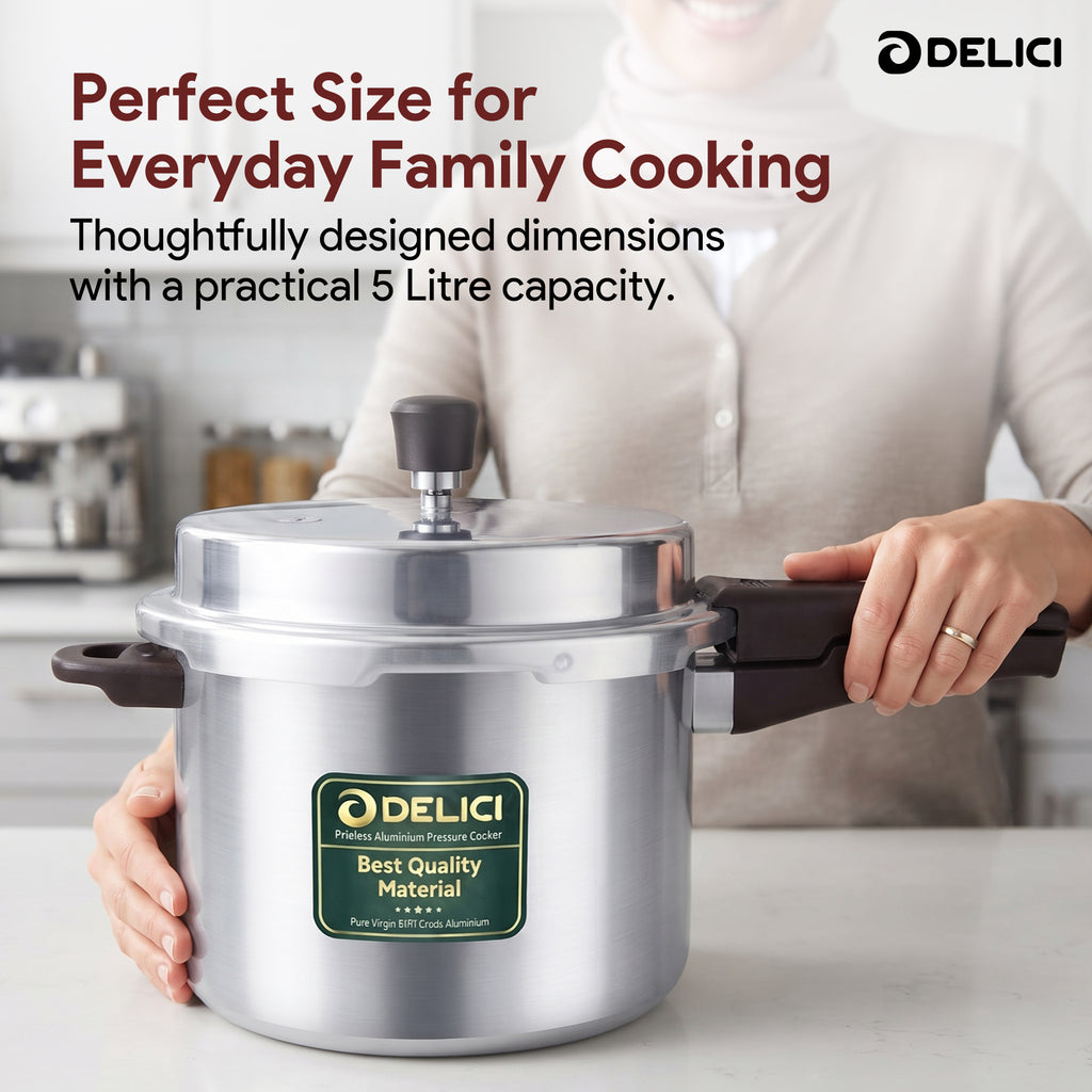 Delici Dripless 5 Litre NIB Aluminium Pressure Cooker – ADPC5E | Induction Compatible