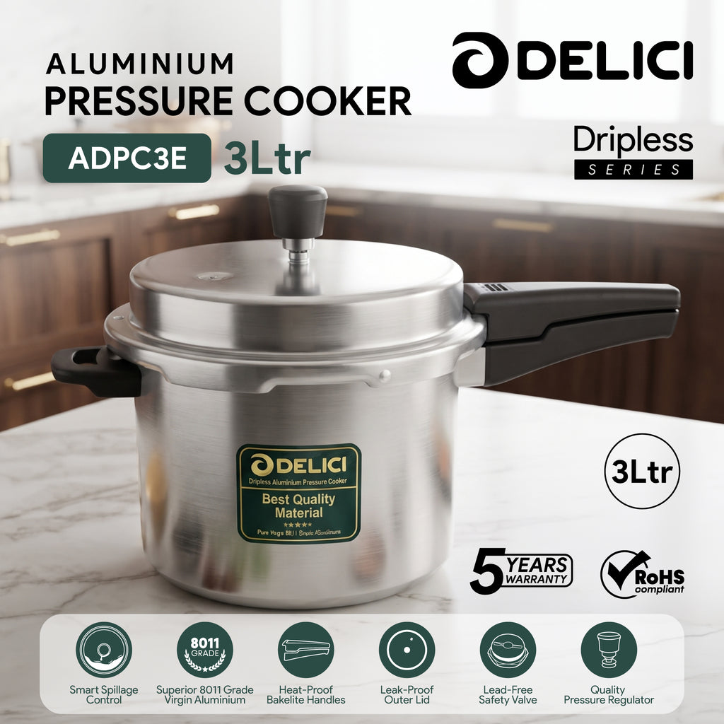 Delici Dripless 3 Litre NIB Aluminium Pressure Cooker – ADPC3E | Induction Compatible