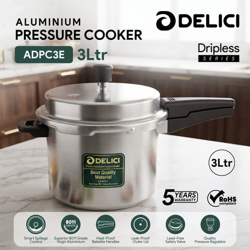 Delici Dripless 3 Litre NIB Aluminium Pressure Cooker – ADPC3E | Induction Compatible