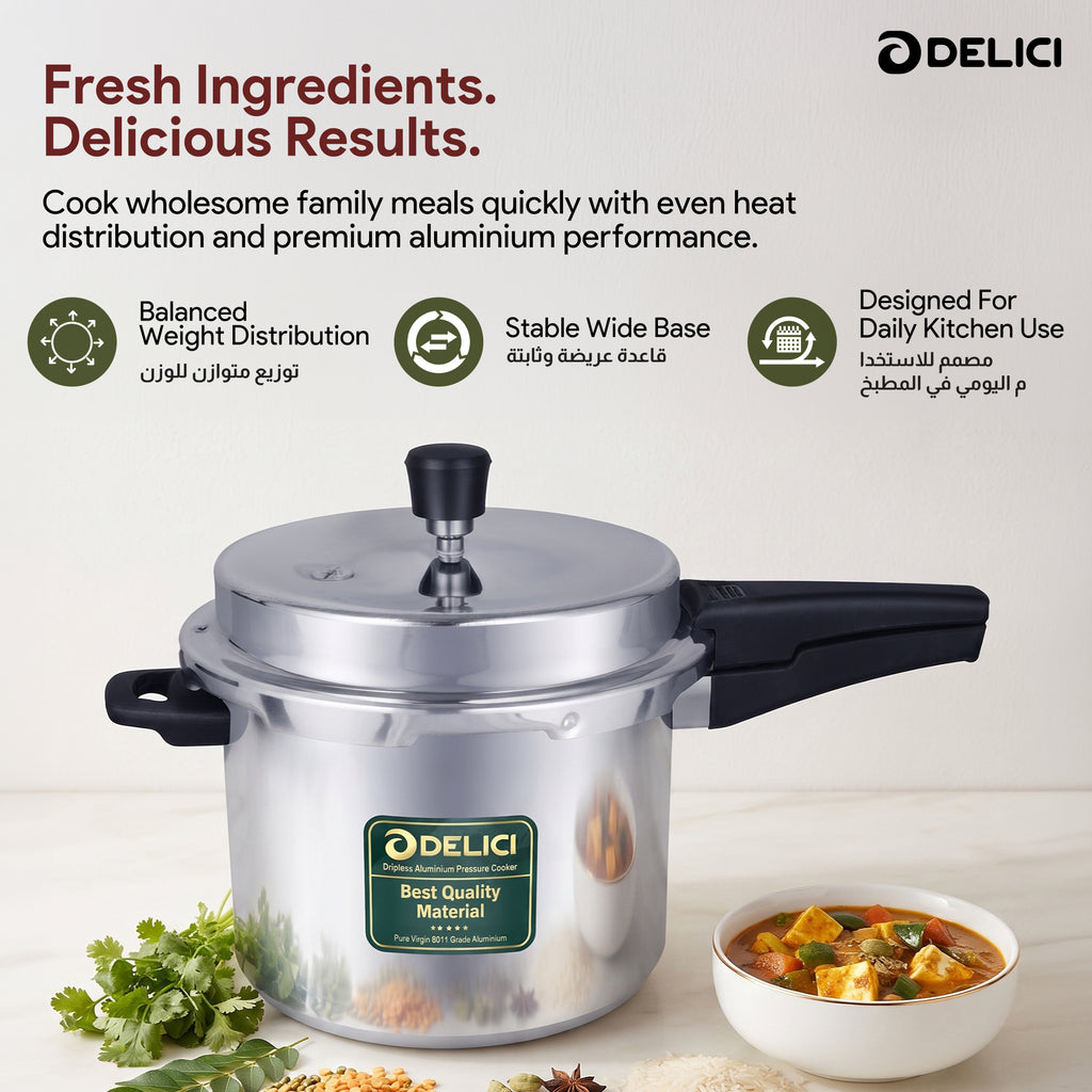 Delici Dripless 5 Litre NIB Aluminium Pressure Cooker – ADPC5E | Induction Compatible