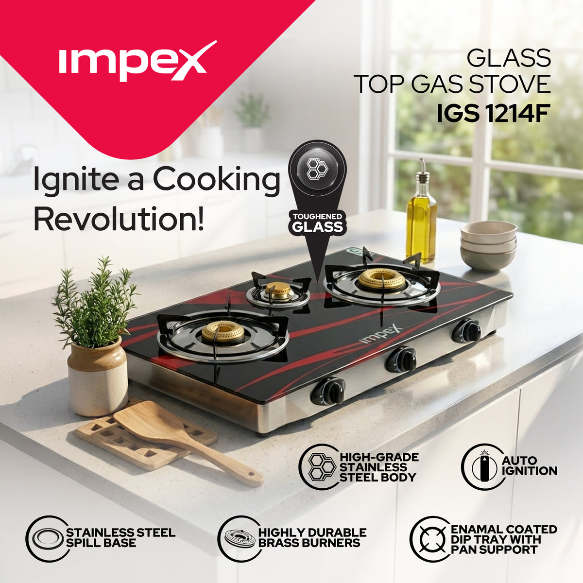 Impex LP Gas Stove 3-Burner Glass (IGS-1213F)