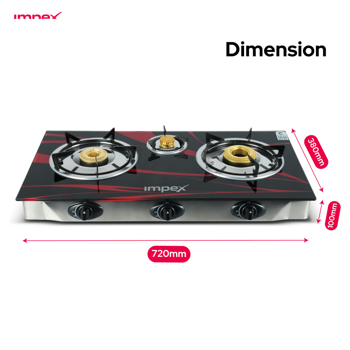 Impex LP Gas Stove 3-Burner Glass (IGS-1213F)