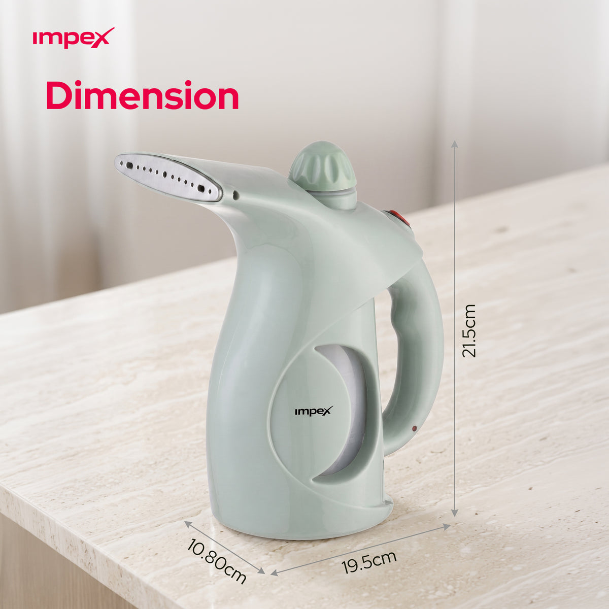 Impex handheld steam cleaner on a light wood surface with overlaid dimension labels showing 21.5 cm height, 10.