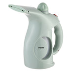 A handheld steam steamer in a pale mint green color, featuring a curved handle, a flat steam nozzle, and the 'impex' brand name printed on the front, set against a plain white background.