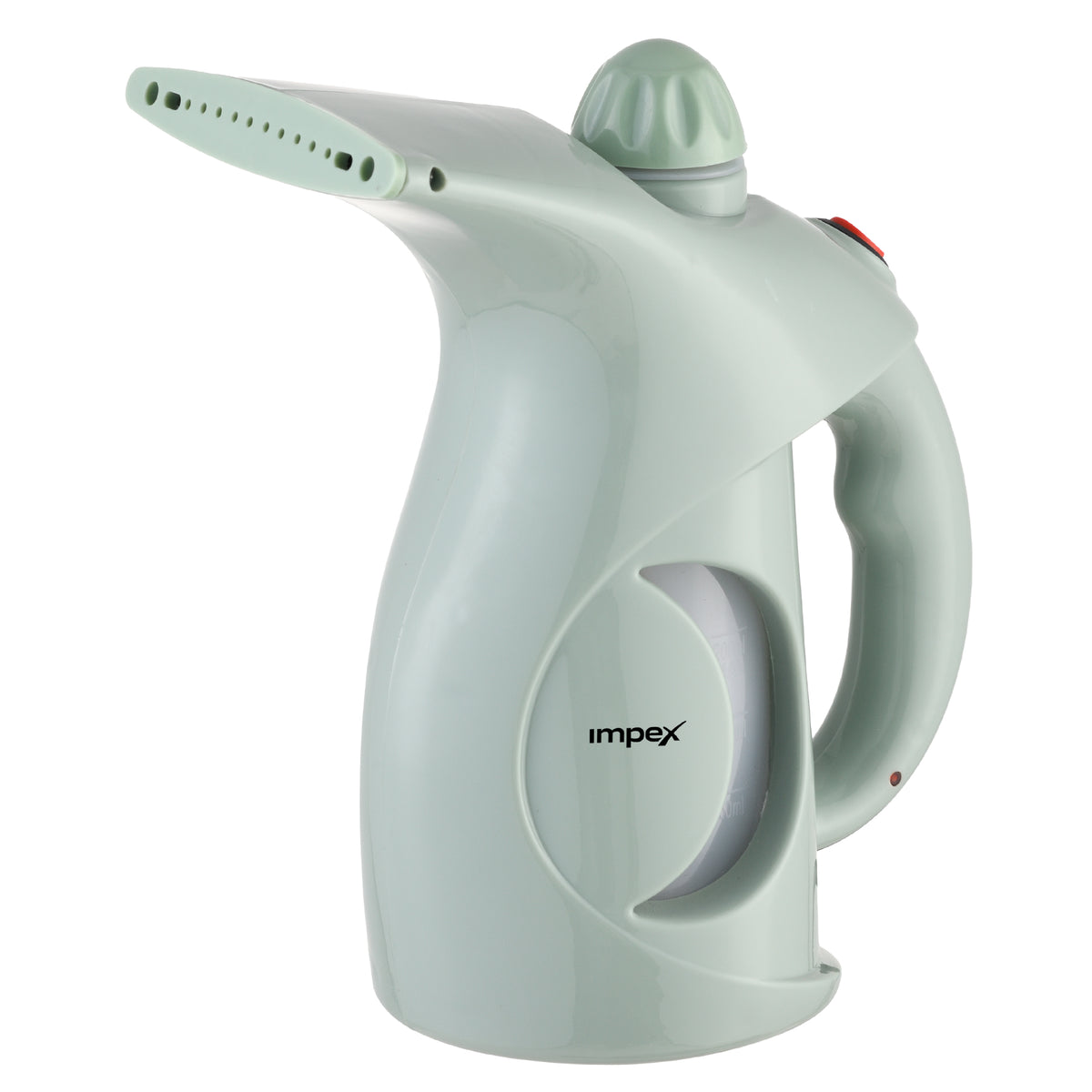 A handheld steam steamer in a pale mint green color, featuring a curved handle, a flat steam nozzle, and the 'impex' brand name printed on the front, set against a plain white background.