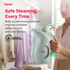 A woman holds an Impex steam iron in a bright indoor setting, with hanging lavender and cream garments in the background and marketing text about safe steaming and built-in over-heat protection.