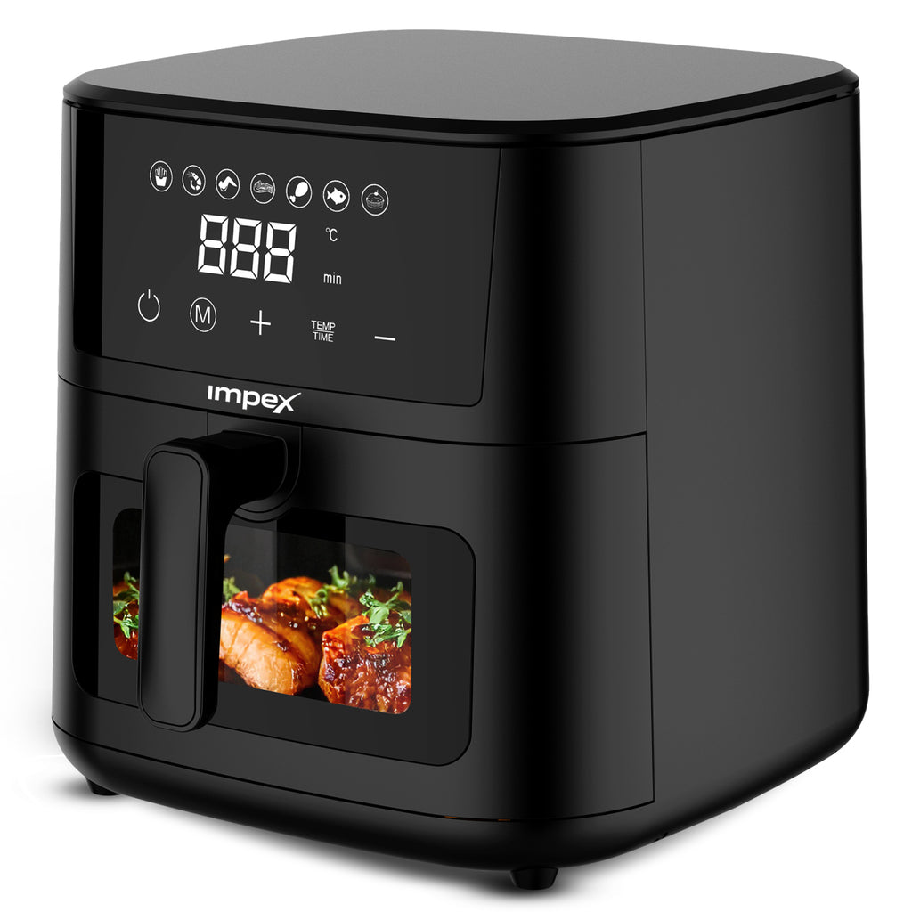 Black air fryer with digital display and Impex branding on a white background