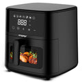 Black air fryer with digital display and Impex branding on a white background