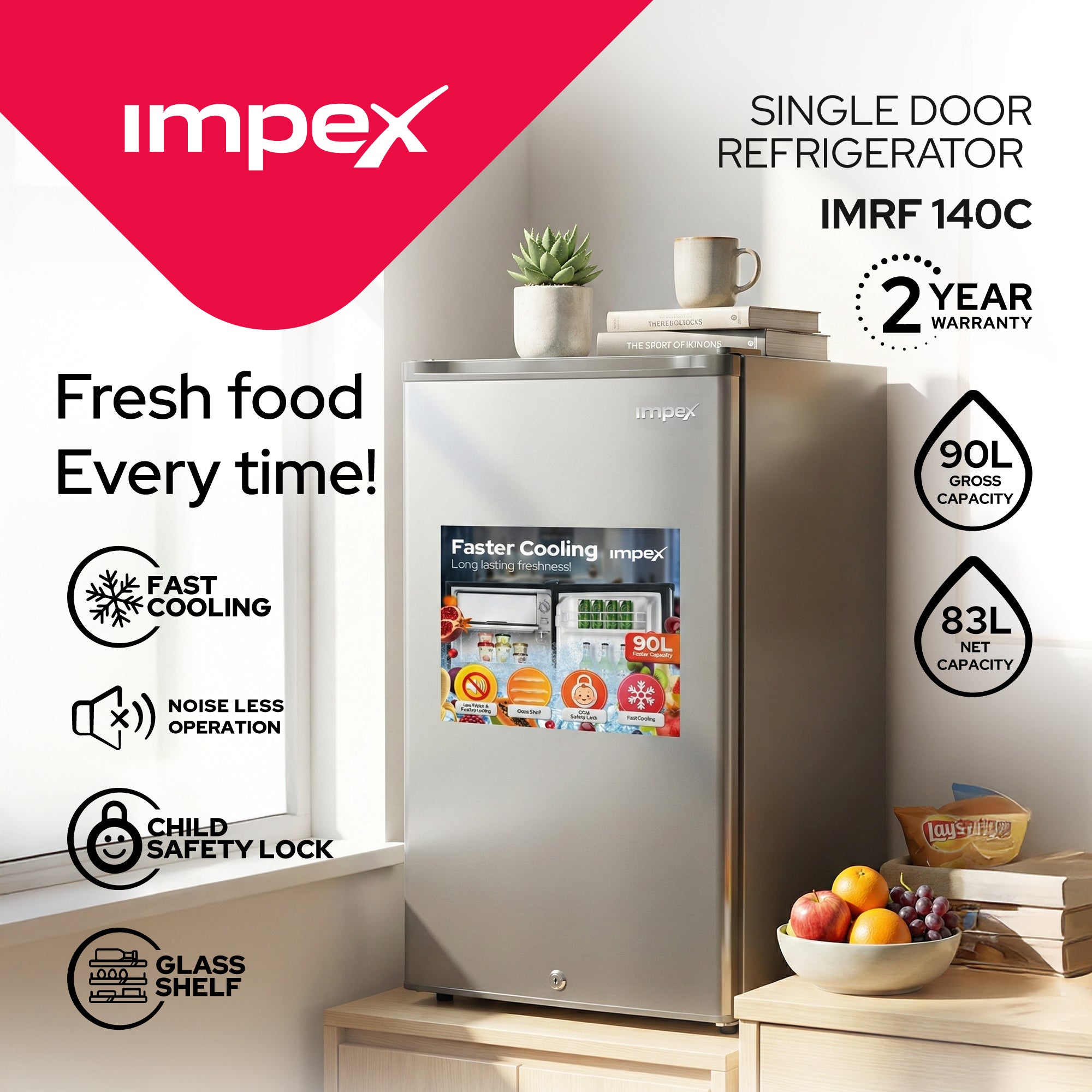 ثلاجة باب واحد امبكس IMRF140C سعة 90 لتر | تبريد سريع | رمادي داكن
