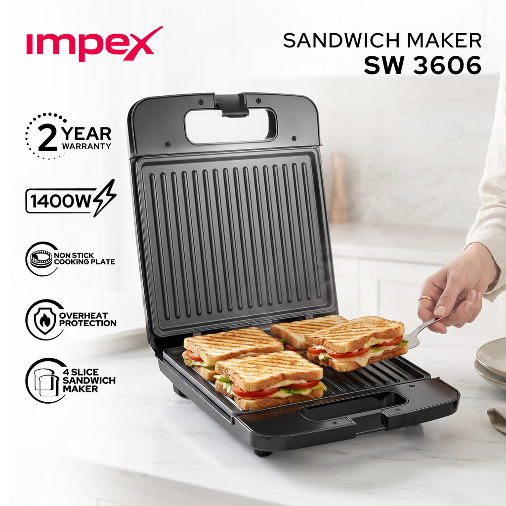 Impex SW3606 – صانعة شطائر 4 شرائح بألواح غير لاصقة وحماية من الحرارة الزائدة