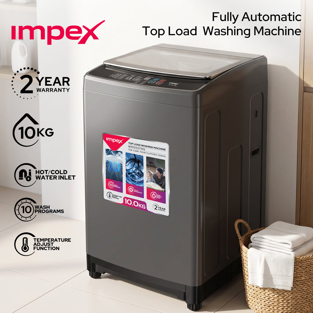 غسالة ملابس IMPEX WM1000TMG ذات تعبئة علوية أوتوماتيكية بالكامل بسعة 10 كجم