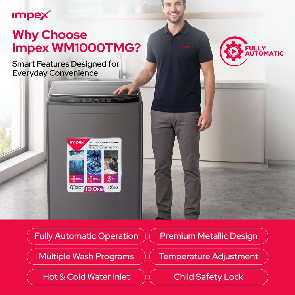 غسالة ملابس IMPEX WM1000TMG ذات تعبئة علوية أوتوماتيكية بالكامل بسعة 10 كجم