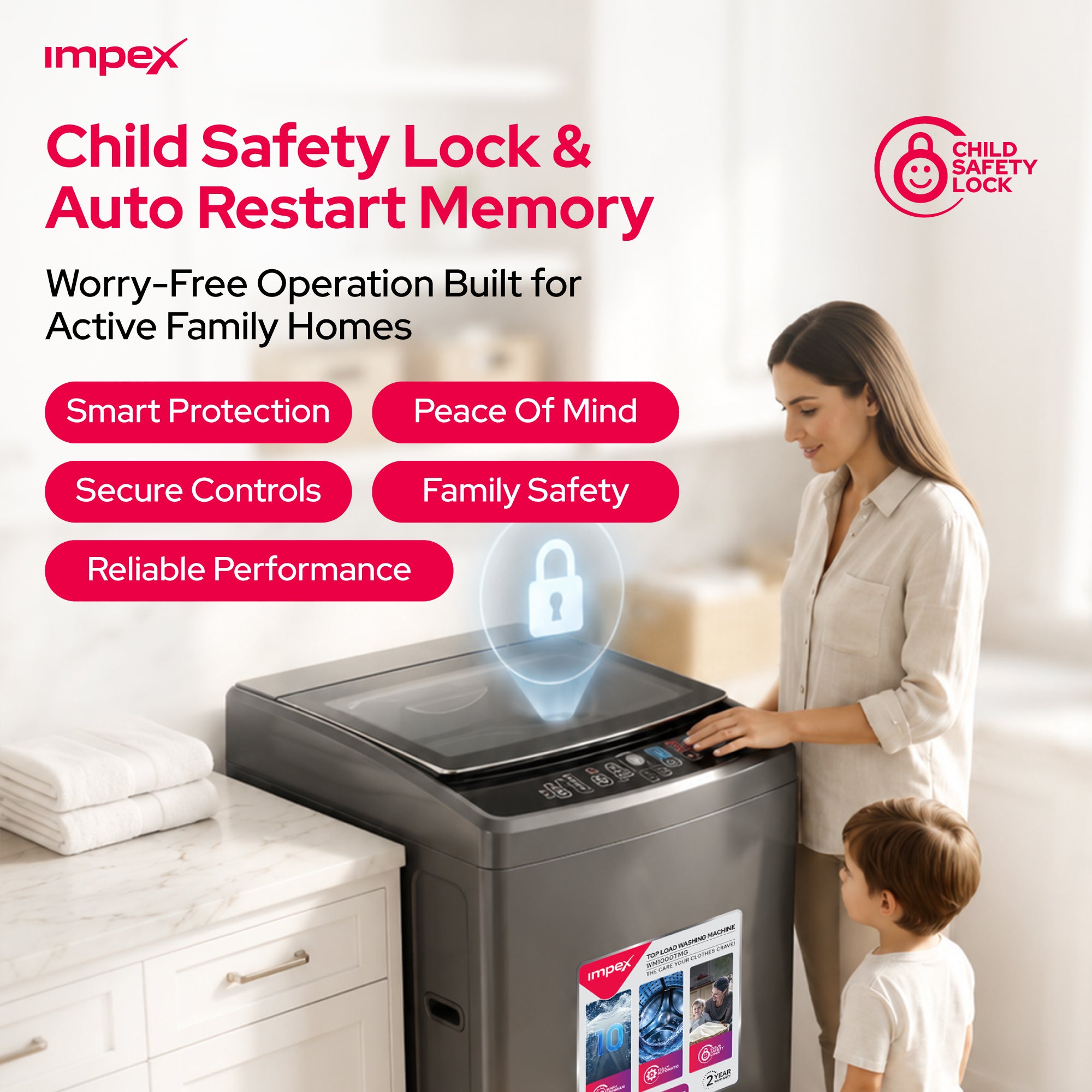 غسالة ملابس IMPEX WM1000TMG ذات تعبئة علوية أوتوماتيكية بالكامل بسعة 10 كجم