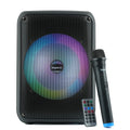 Portable PA system with microphone and remote control on a white background