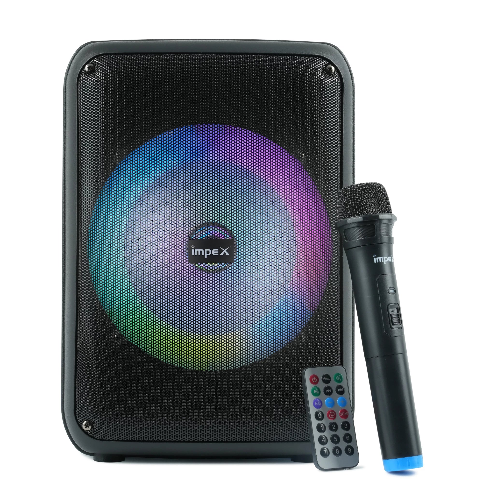 Portable PA system with microphone and remote control on a white background