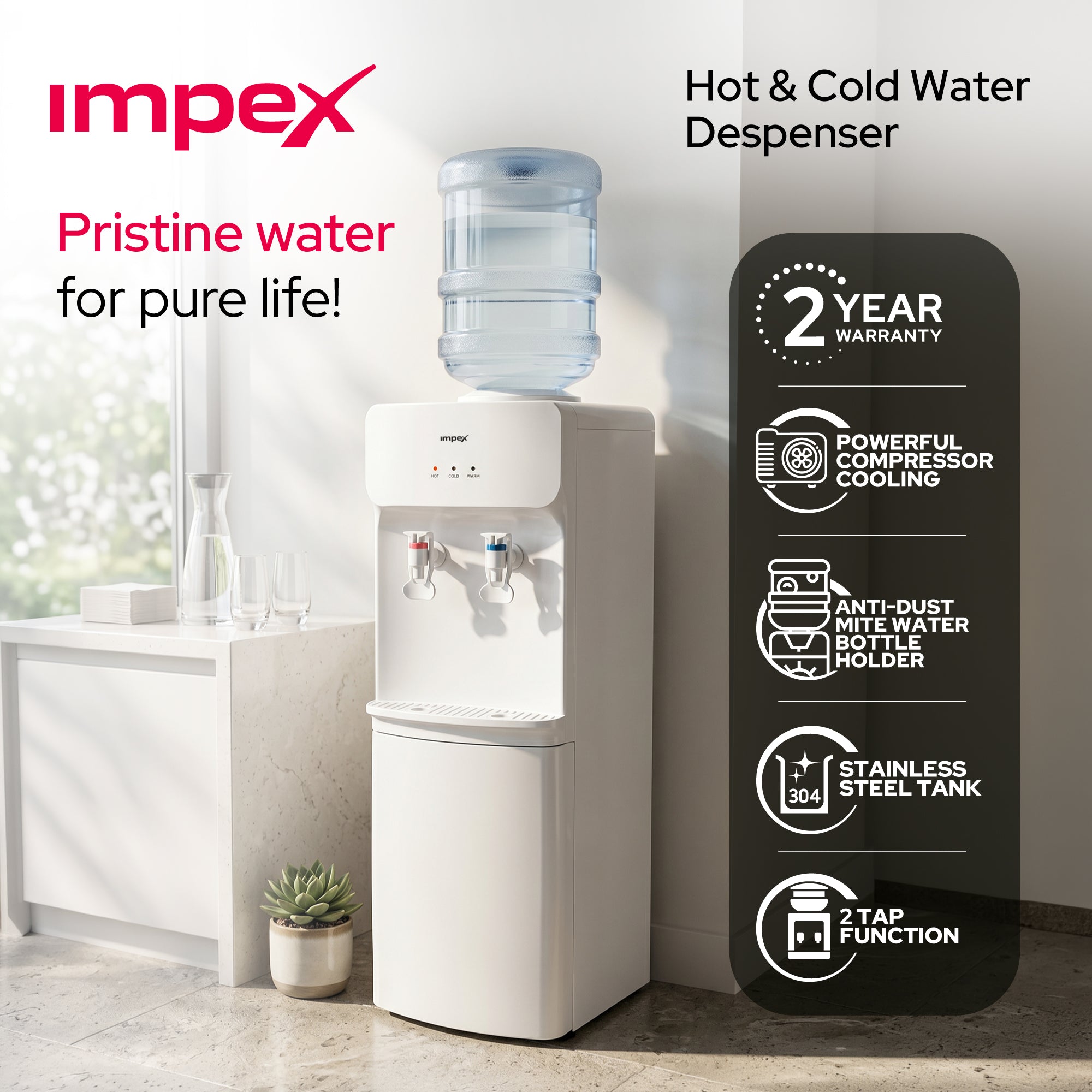 Impex WD3904B – 2 Tap Hot & Cold Water Dispenser with Compressor Cooling