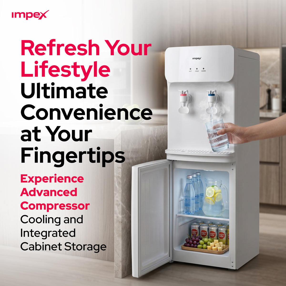 Impex WD3904B – 2 Tap Hot & Cold Water Dispenser with Compressor Cooling