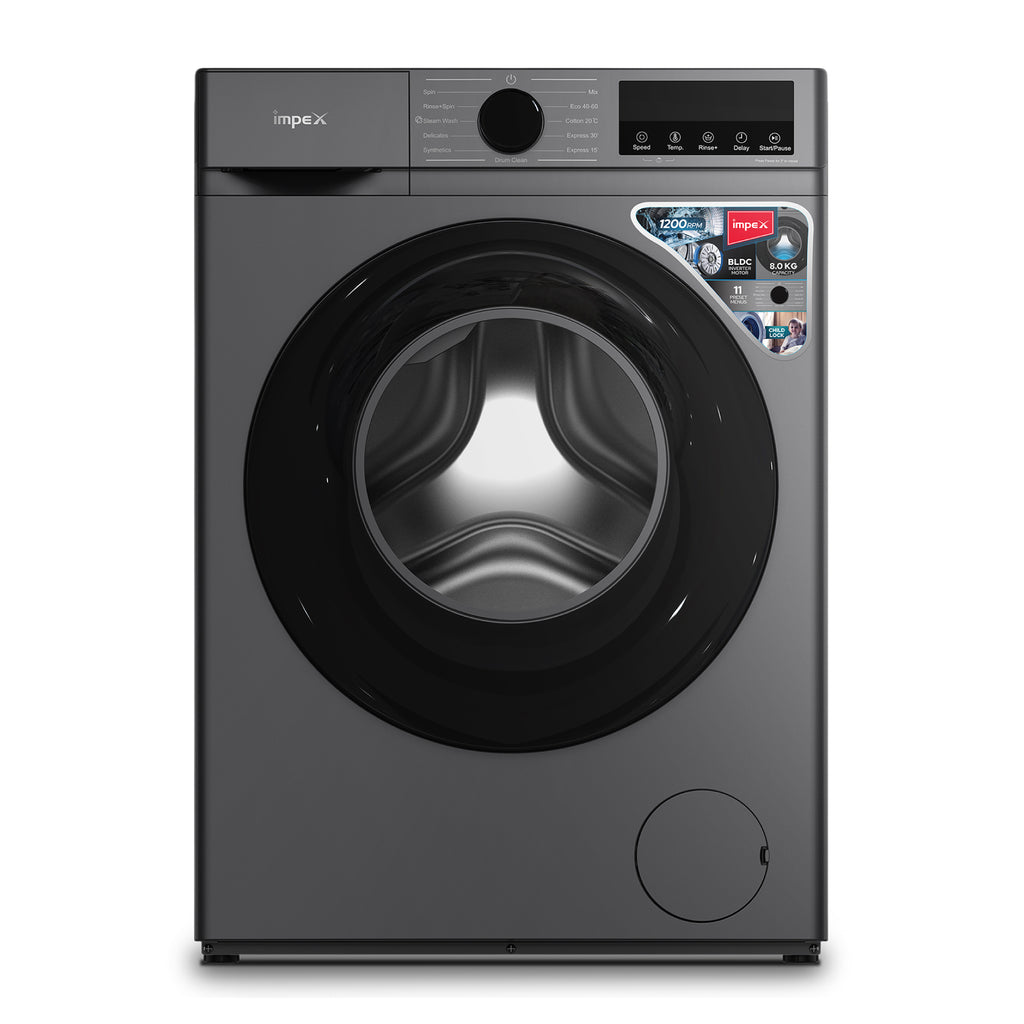 An Impex front-loading washing machine in dark gray with a large black circular door, shown against a plain white background.