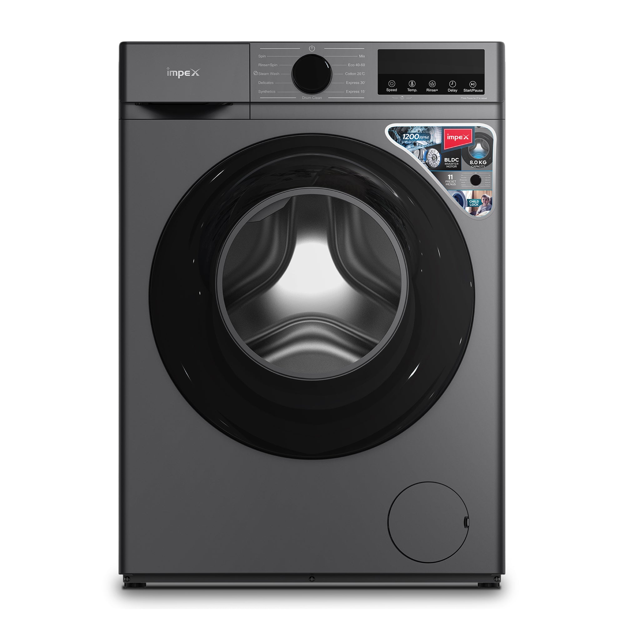 An Impex front-loading washing machine in dark gray with a large black circular door, shown against a plain white background.