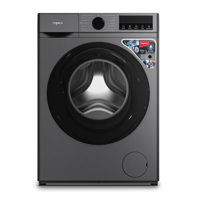 An Impex front-loading washing machine in dark gray with a large black circular door, shown against a plain white background.