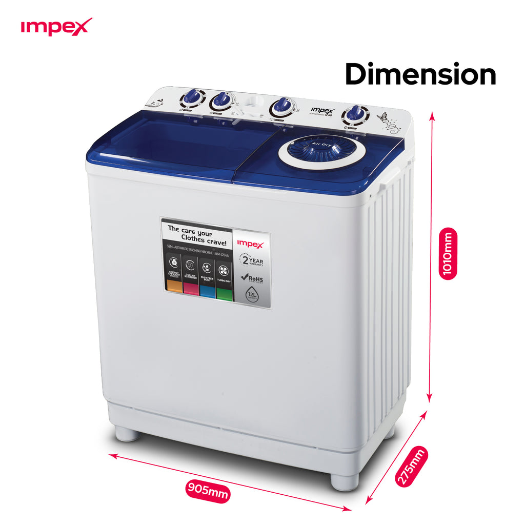 غسالة ملابس نصف أوتوماتيكية Impex WM 4205 – 12 كجم مع خاصية التجفيف بالهواء التوربيني